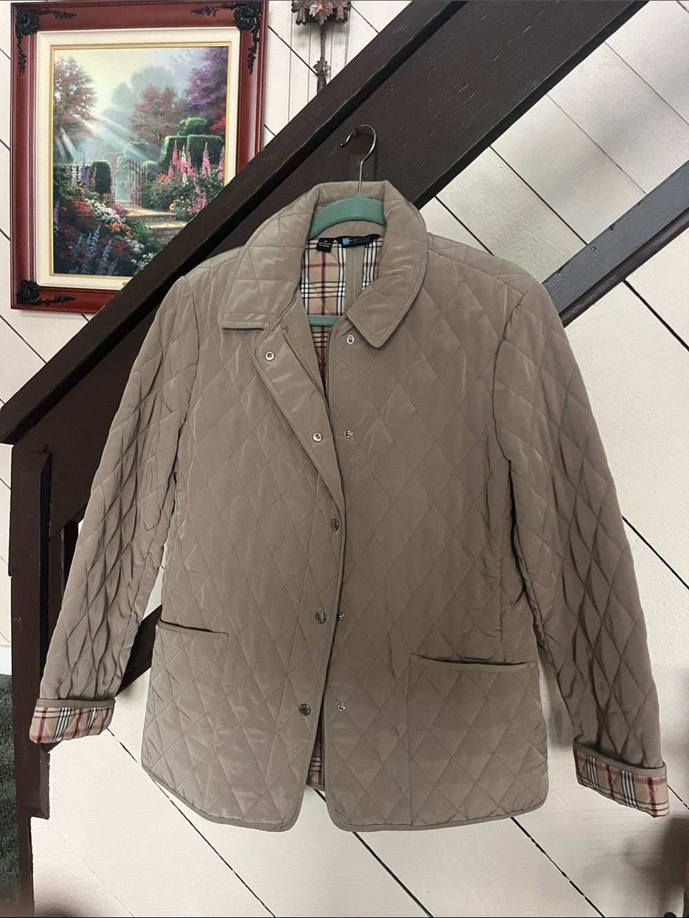 Relativity Quilted Tan Puffer Jacket with Check Trim